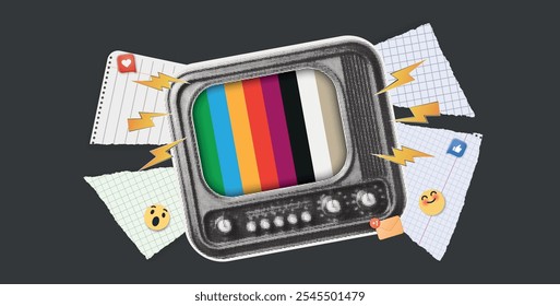 TV with halftone and dots. Old TV halftone cutout collage. Mixed media design. Vintage vector concept of social media communication