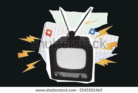 TV with halftone and dots. Old TV halftone cutout collage. Mixed media design. Vintage vector concept of social media communication