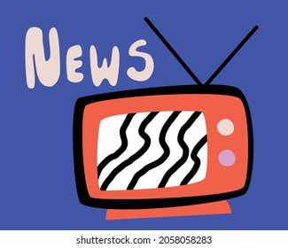 The TV is hand-drawn in the doodle style. Children's drawing, TV with interference. Old retro TV, news. Vector illustration