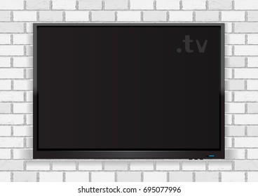 TV hanging on white wall background. Flat modern ecomputer monitor or digital plasma television device. Electronic media equipment