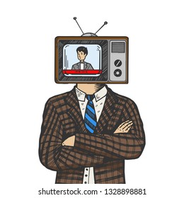 TV head of man color sketch engraving vector illustration. Scratch board style imitation. Black and white hand drawn image.