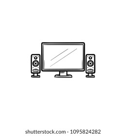 TV home theater hand drawn outline doodle icon. LCD screen with speakers as concept of home cinema vector sketch illustration for print, web, mobile and infographics isolated on white background.