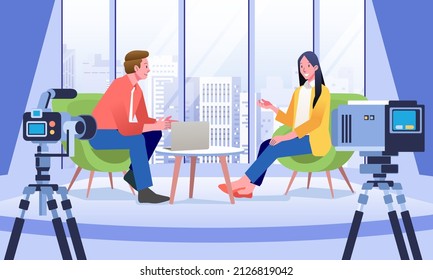 TV Host Interviewing Busineswoman Person In Studio. Camera Crew Working On Talk Show. Vector Illustration For Videographer Job, Broadcasting, News Concept