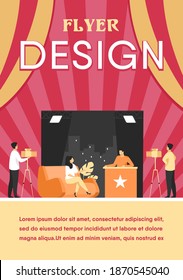 TV host interviewing celebrity person in studio. Camera crew working on talk show. Vector illustration for videographer job, broadcasting, news concept