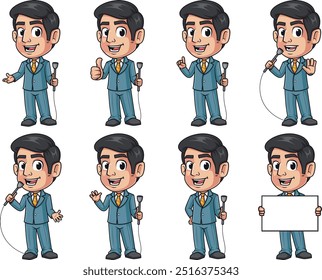 Personagem de desenho animado apresentador de TV. As ilustrações vetoriais são agrupadas com cada imagem em uma camada separada.
