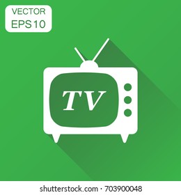 Tv icon. Business concept television pictogram. Vector illustration on green background with long shadow.