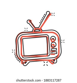 Tv icon in comic style. Television cartoon sign vector illustration on white isolated background. Video channel splash effect business concept.