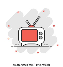 Tv icon in comic style. Television cartoon sign vector illustration on white isolated background. Video channel splash effect business concept.