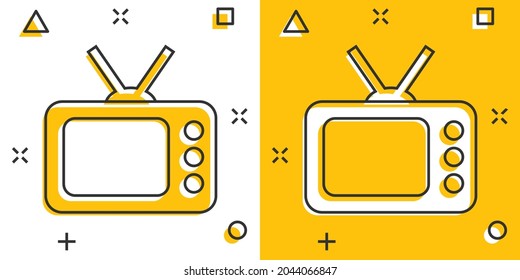 Tv icon in comic style. Television cartoon sign vector illustration on white isolated background. Video channel splash effect business concept.