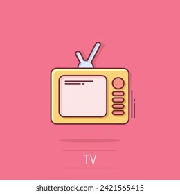 Tv icon in comic style. Television cartoon sign vector illustration on white isolated background. Video channel splash effect business concept.