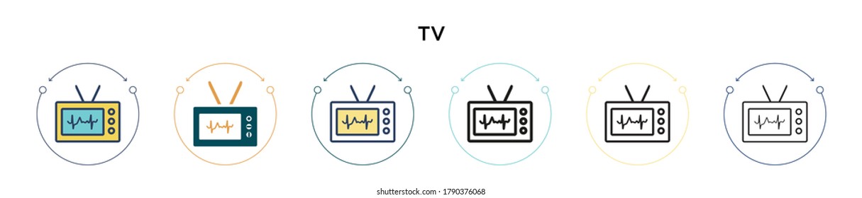 Tv icon in filled, thin line, outline and stroke style. Vector illustration of two colored and black tv vector icons designs can be used for mobile, ui, web