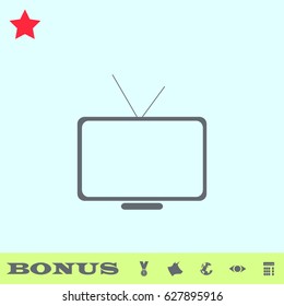 Tv icon flat. Grey pictogram on blue background. Vector illustration symbol and bonus buttons medal, cow, earth, eye, calculator