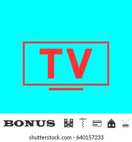 TV icon flat. Red pictogram on blue background. Vector illustration symbol and bonus buttons Music center, corkscrew, credit card, house, drum