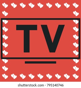 TV icon flat. Simple black pictogram on red background with white hearts for valentines day. Vector illustration symbol