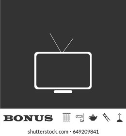 Tv icon flat. White pictogram on black background. Vector illustration symbol and bonus icons