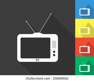 TV icon - gray and colored (blue, yellow, red, green) vector illustration with long shadow