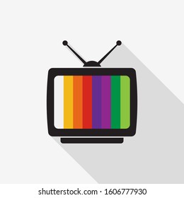 TV icon with long shadow on gray background, flat design style