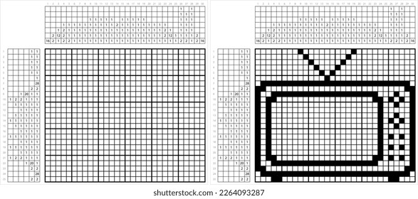 Tv Icon Nonogram Pixel Art, Television Icon, Telecommunication Medium Used For Transmitting Moving Images Vector Art Illustration, Logic Puzzle Game Griddlers, Pic-A-Pix Picture Paint By Numbers