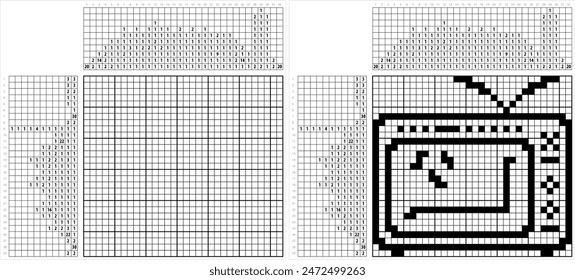 Tv Icon Nonogram Pixel Art, Television Icon, Telecommunication Medium Used For Transmitting Moving Images Vector Art Illustration, Logic Puzzle Game Griddlers, Pic-A-Pix Picture Paint By Numbers