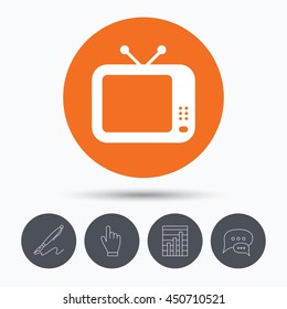 TV icon. Retro television symbol. Speech bubbles. Pen, hand click and chart. Orange circle button with icon. Vector