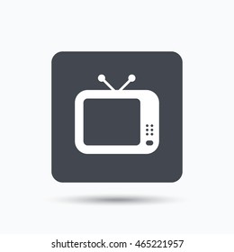 TV icon. Retro television symbol. Gray square button with flat web icon. Vector