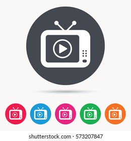 TV icon. Retro television symbol. Colored circle buttons with flat web icon. Vector