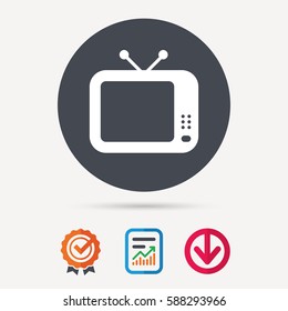 TV icon. Retro television symbol. Report document, award medal with tick and new tag signs. Colored flat web icons. Vector