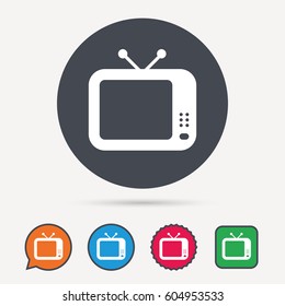 TV icon. Retro television symbol. Circle, speech bubble and star buttons. Flat web icons. Vector