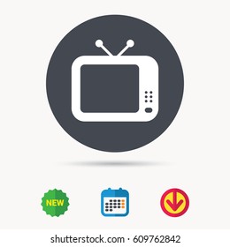 TV icon. Retro television symbol. Calendar, download arrow and new tag signs. Colored flat web icons. Vector