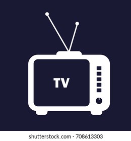 Tv Icon. Retro Television. Vector white icon on dark blue background.