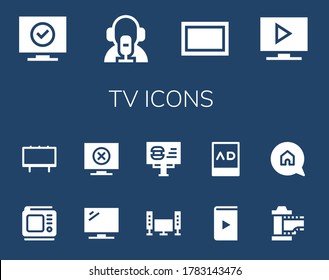 conjunto de iconos de tv. 14 iconos de tv rellenos. Incluido Televisión, Reportero de noticias, Pantalla, Tv, Cartón, Video, Anuncios, Cine, Iconos Publicitarios