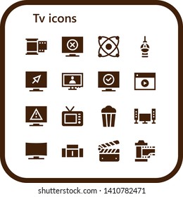 tv icon set. 16 filled tv icons.  Simple modern icons about  - Film, Television, Electron, Fernsehturm berlin, Monitor, Video, Popcorn, Sofa, Clapperboard