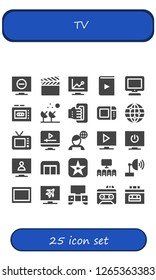  tv icon set. 25 filled tv icons. Simple modern icons about  - Television, Film, Video, Tv, Recorder, Satellite dish, Handheld, Microwave oven, Worlwide, Screen, News, Sofa, Movie