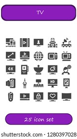  tv icon set. 25 filled tv icons. Simple modern icons about  - Screens, Video, Television, Satellite dish, Screen, Worlwide, Microwave oven, Tv, Recorder, News, Handheld, Fernsehturm berlin