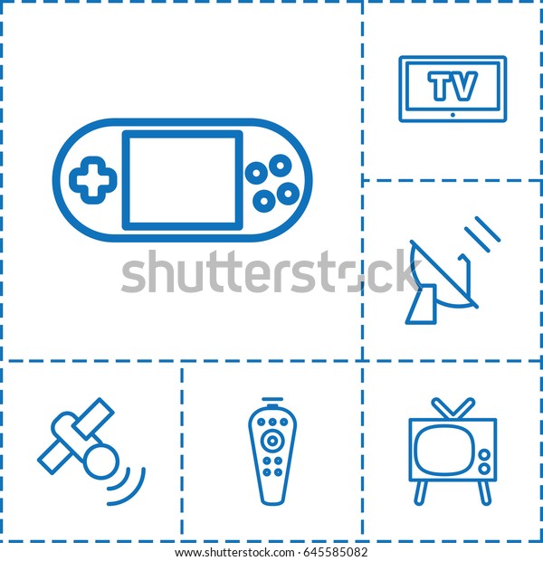 Tv icon. set of 6 tv outline icons
such as portable console, remote control,
satellite