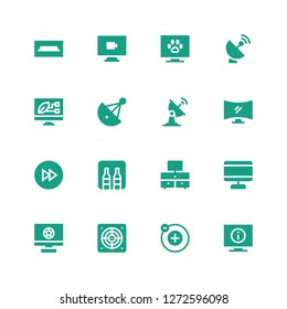 tv icon set. Collection of 16 filled tv icons included Television, Electron, Extractor, Screen, Minibar, Fast forward, Satellite dish, Video, Tv table