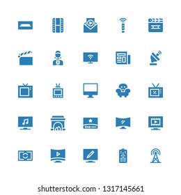 tv icon set. Collection of 25 filled tv icons included Broadcast, Remote control, Television, Smart tv, Screen, Video, Fireplace, Furniture, Satellite dish, News, News reporter