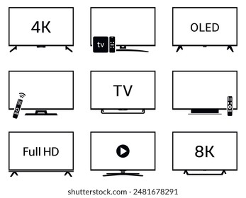 TV icon set. Contains such icons as 4K, Full HD, OLED, 8K.