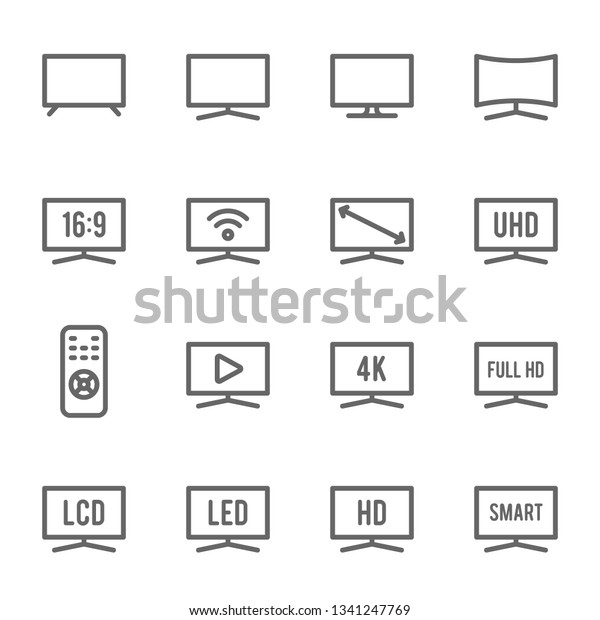TV Icon Set. Contains such\
Icons as Monitor, Full HD, LCD, LED, 4K, HD and more. Expanded\
Stroke