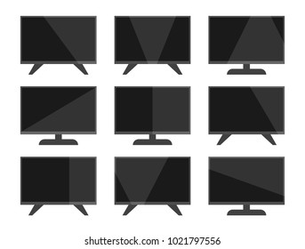 TV icon set, simple television design,  modern flat screen with shadow, black isolated on white background, vector illustration.