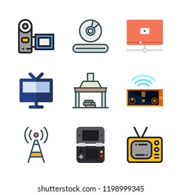 tv icon set. vector set about video console, fireplace, television and antenna icons set.