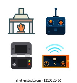 tv icon set. vector set about fireplace, video console and remote control icons set.