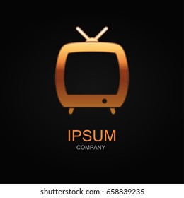 TV icon. Vector Illustration. Design logo element. Isolated on black background. With golden effect.