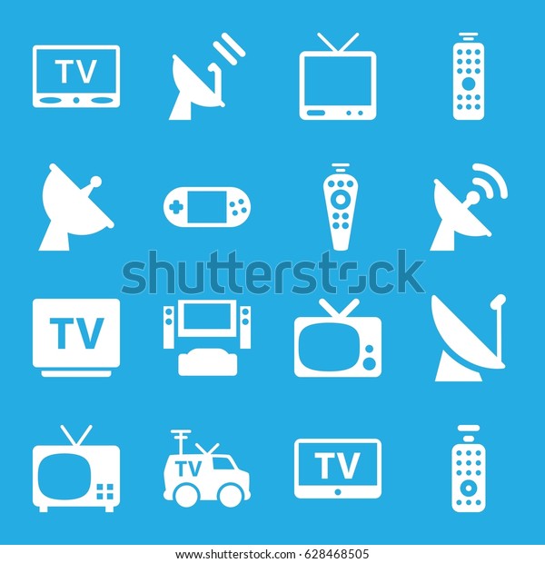 Tv icons set.
set of 16 tv filled icons such as TV, satellite, portable console,
remote control, TV van