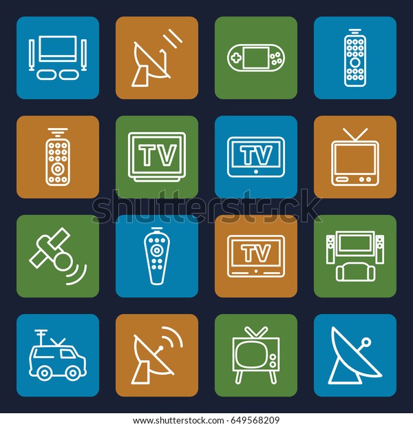 Tv icons set. set of 16 tv outline icons such as
satellite, portable console
