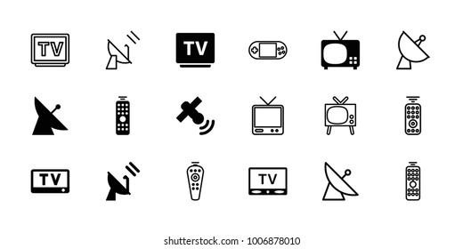Tv icons. set of 18 editable filled and outline tv icons: satellite, tv, remote control