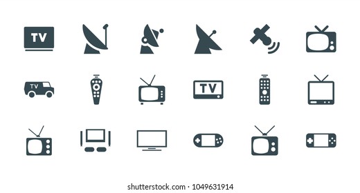 Tv icons. set of 18 editable filled tv icons: satellite, portable console