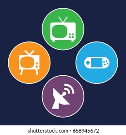 Tv icons set. set of 4 tv filled icons such as portable console, satellite