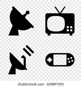 Tv icons set. set of 4 tv filled icons such as satellite, portable console