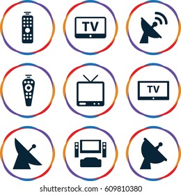 Tv icons set. set of 9 tv filled icons such as satellite, TV, remote control